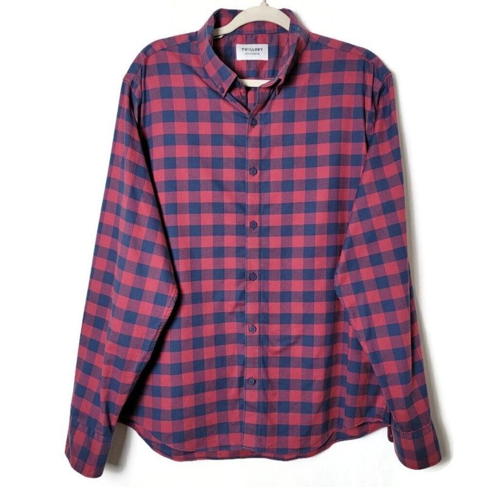 Twillory Untuckable Blue Plaid Tailored Fit Long Sleeve Button Down Shirt L-XL
